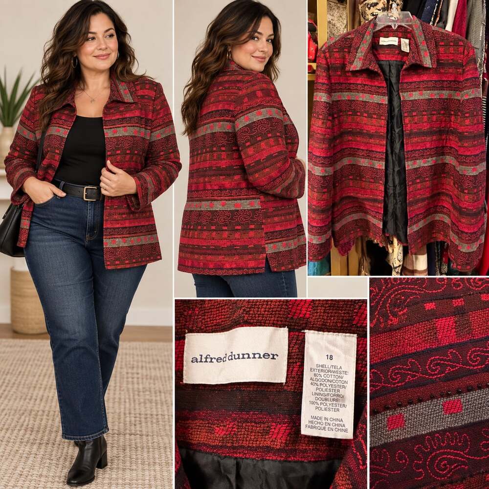 Alfred Dunner Patterned Jacket Size 18 Red Gray Beaded Boho